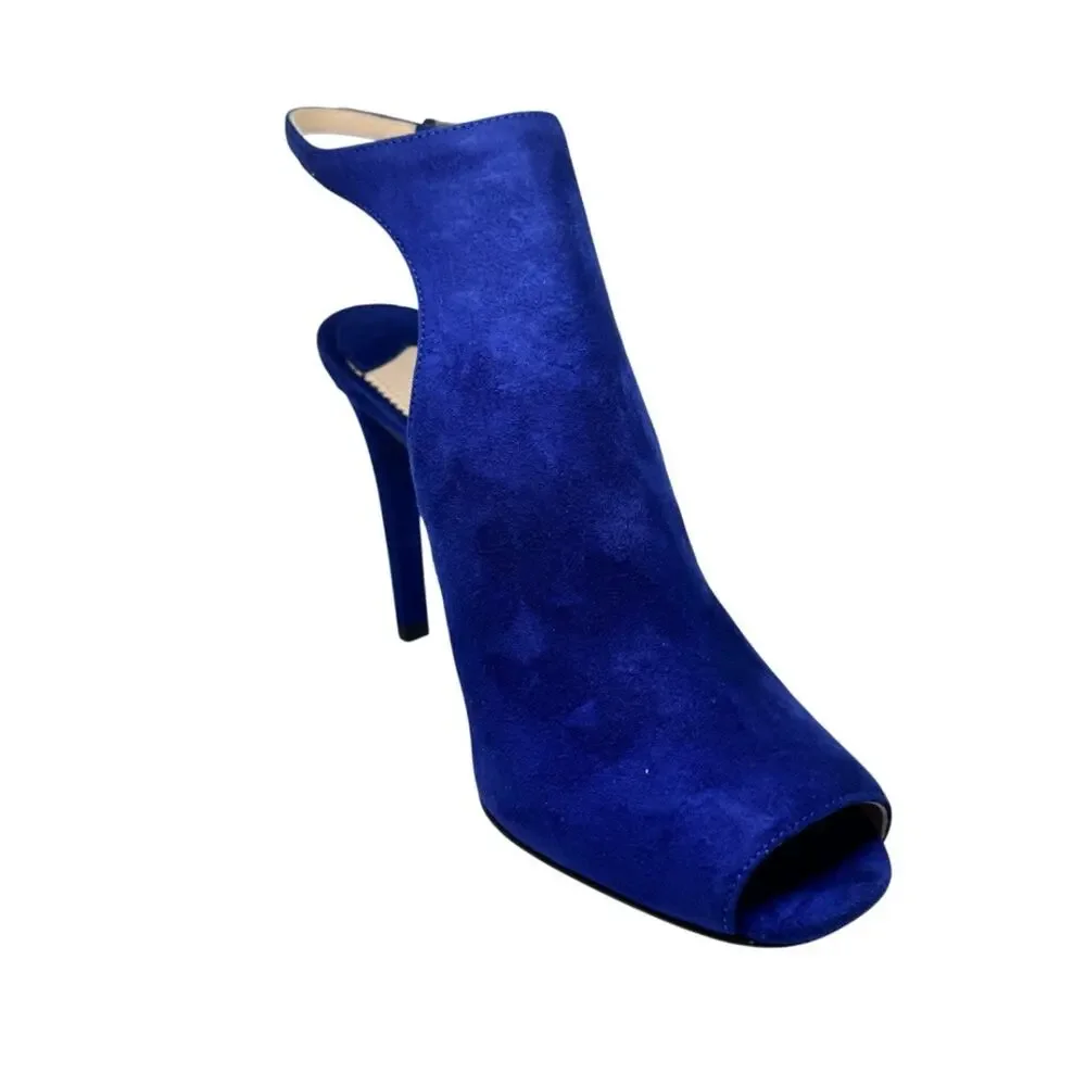 PRADA CAMO SC10 NAVY SUEDE MULE HEELS SIZE 37 ITALY ANKLE STRAP NEW IN BOX